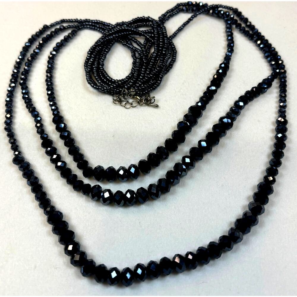 Dark Blue Faceted Glass Bead Necklace 3 Strand Multi-size Beads 34" Adjustable